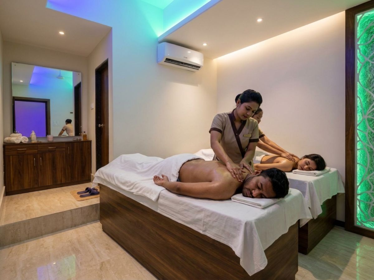 High-end luxury spa private suite for couples massage in Gulshan Dhaka with side-by-side massage tables and candlelit serenity